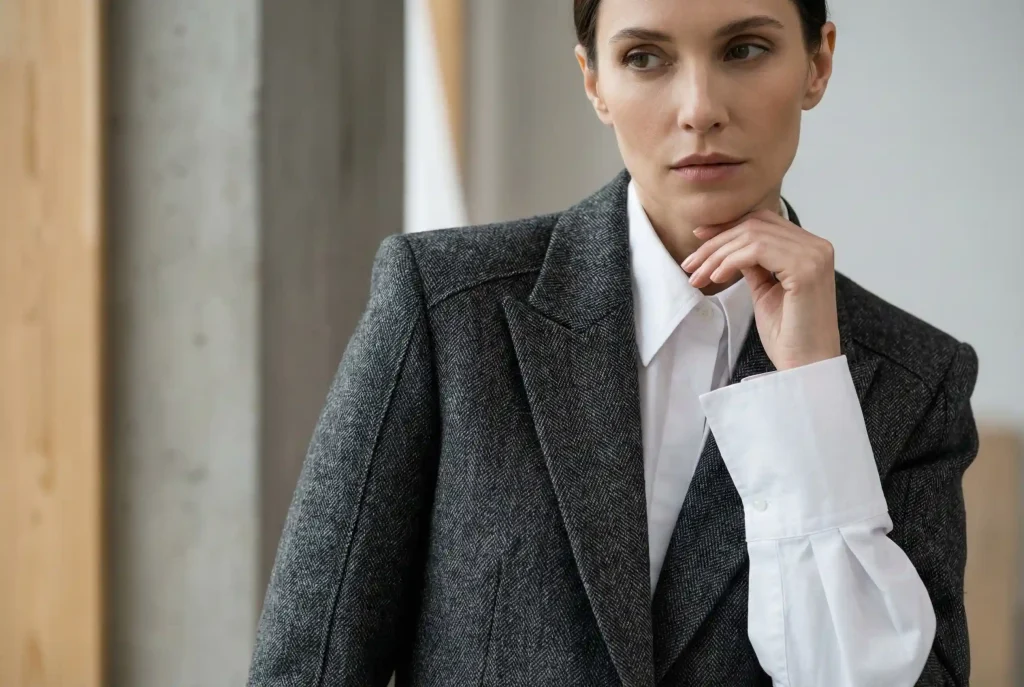 Owalny kształt twarzy – jaka fryzura będzie najlepsza? Jak dobrać fryzurę do kształtu twarzy, by nadać włosom blasku Ultra-realistyczna fotografia modowa portretująca modelkę w geometrycznej, wełnianej marynarce, której zamyślona poza nawiązuje do procesu analizy proporcji i określania kształtu twarzy.