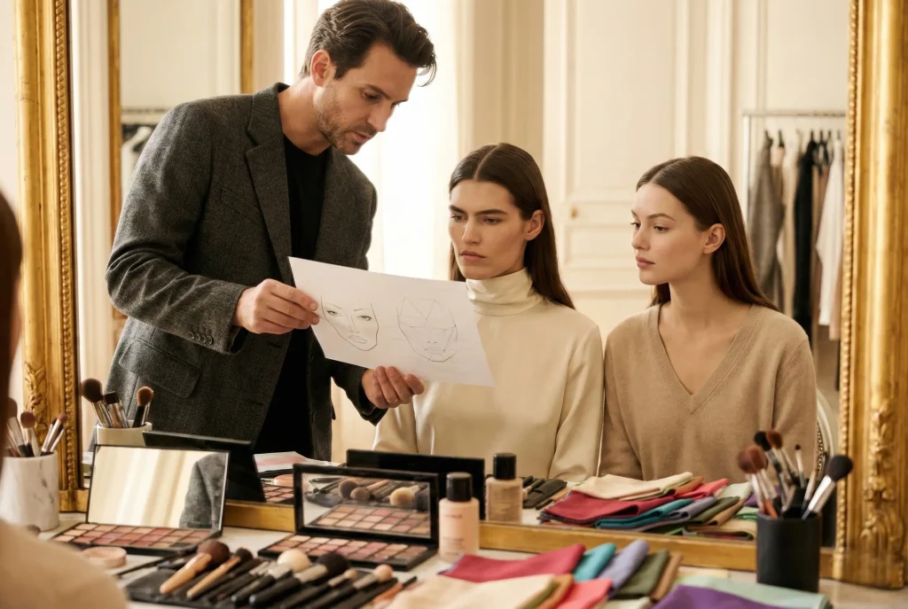 Jak sprawdzić, jaki masz kształt twarzy? Określenie kształtu twarzy a dobór okularów – przydatny test, by określić typ twarzy Fotografia modowa zza kulis sesji, na której stylistka analizuje różne rodzaje kształtów twarzy dwóch modelek – kwadratową i owalną – przy użyciu kart geometrycznych i zestawu do konturowania, dobierając stylizację do ich anatomii.