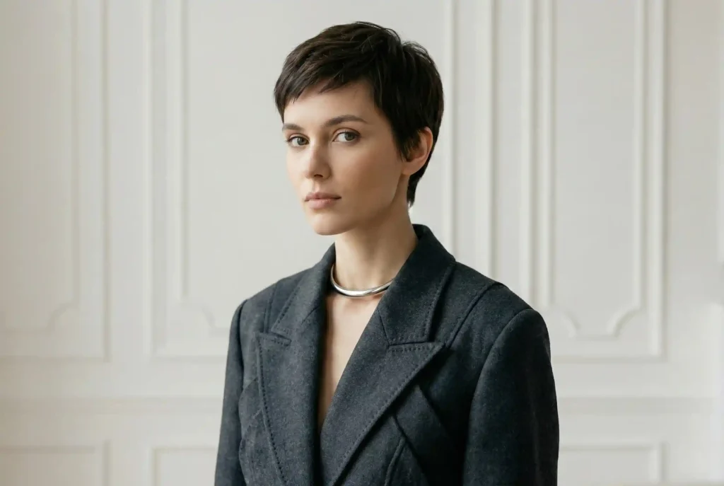 Owalny kształt twarzy – jaka fryzura będzie najlepsza? Jak dobrać fryzurę do kształtu twarzy, by nadać włosom blasku Ultra-realistyczne zdjęcie typu fashion editorial, ukazujące zbliżenie na architektoniczną, wełnianą marynarkę z wysokim kołnierzem i metalicznym chokerem, której krój eksponuje linię szyi i żuchwy, idealnie pasując do krótkich fryzur dla owalnej twarzy.
