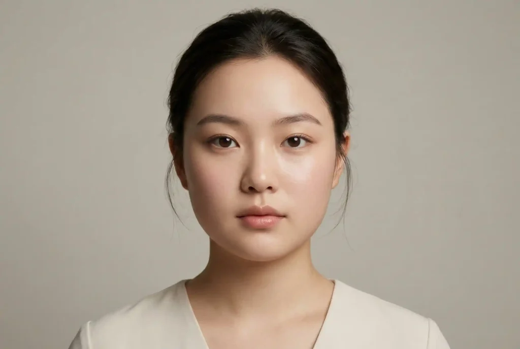 Twarz okrągła – cechy, dobór fryzury dla okrągłej twarzy i wolumetria twarzy okrągłej. Poznaj fryzury wyszczuplające! Bliski portret modelki o okrągłym kształcie twarzy, ilustrujący jej kluczowe cechy morfologiczne, takie jak pełne policzki, łagodny kontur bez ostrych rysów oraz proporcje zbliżone do okręgu.