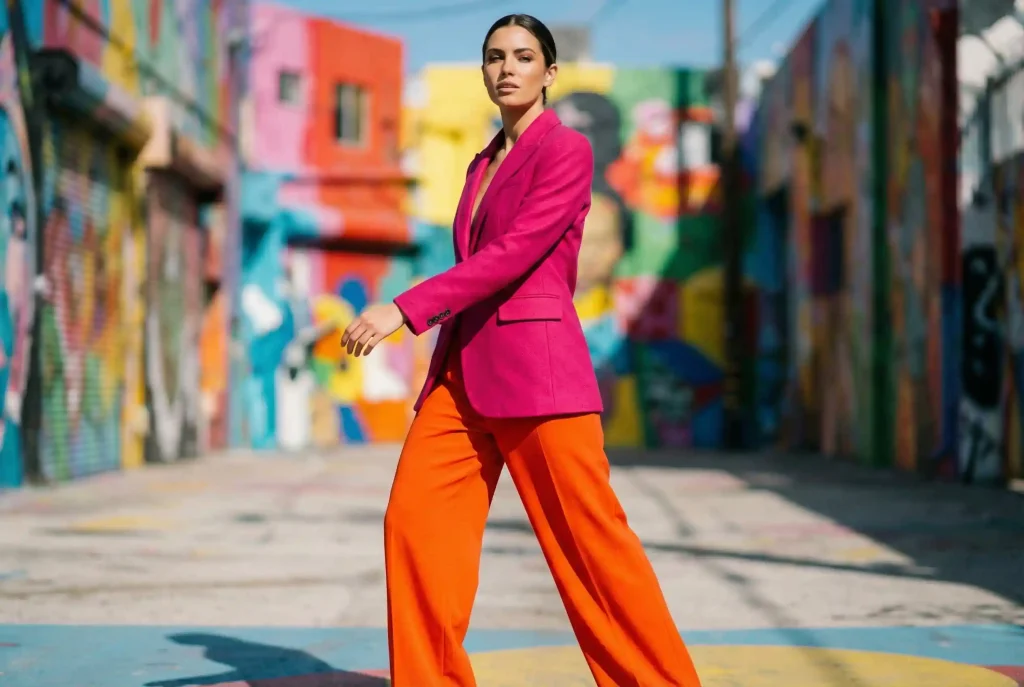 Kolor fuksja w modzie – komu pasuje, z czym go łączyć i jak tworzyć modny outfit? Sukienka w kolorze fuksji, stylizacja i dodatki pod lupą Odważna stylizacja modowa typu color blocking na modelce, łącząca intensywną fuksjową marynarkę z wyrazistymi, pomarańczowymi spodniami w słonecznej, miejskiej scenerii.