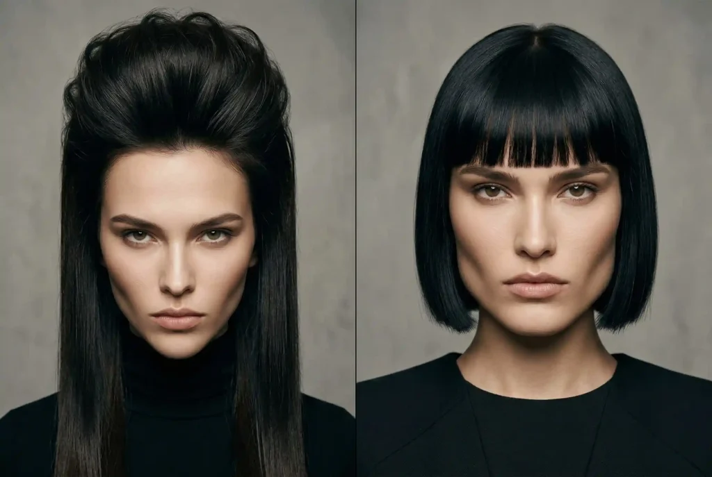 Twarz trójkątna – jaka fryzura pasuje do trójkątnej twarzy? Jak łagodzić ostre rysy i podkreślać atut Fotografia modowa w formie dyptyku przedstawiająca błędne fryzury dla twarzy trójkątnej: przerysowaną objętość na czubku głowy przy odwróconym trójkącie oraz gładkie, płaskie cięcie kończące się na linii żuchwy przy klasycznym trójkącie.