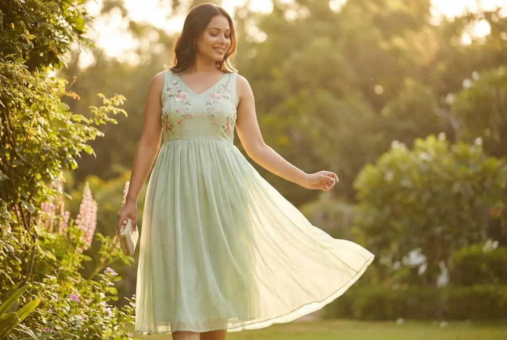 Jaki kolor pasuje do miętowego? Kompletny przewodnik i stylizacje Fotografia modowa przedstawiająca kobietę o ciepłym typie urody w eleganckiej, pistacjowo-miętowej sukience na wesele, co ilustruje, jak idealnie dobrać odcień mięty do karnacji, by podkreślić jej blask.