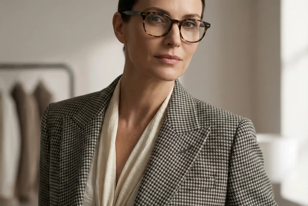 Jak dobrać okulary do kształtu twarzy? Idealny dobór oprawek po badaniu wzroku dla Twojej twarzy Elegancka kobieta w precyzyjnie skrojonej marynarce, prezentująca, jak właściwy dobór okularów do kształtu twarzy może harmonijnie podkreślić rysy i dopełnić całą stylizację.