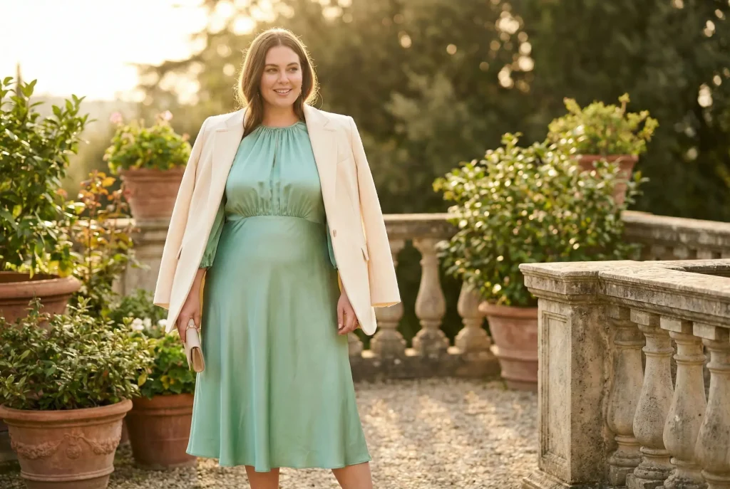 Jaki kolor pasuje do miętowego? Kompletny przewodnik i stylizacje Fotografia modowa (fashion editorial) ukazująca elegancką stylizację weselną, w której kolor miętowy jedwabnej sukienki łączy się ze śmietankową marynarką, stanowiącą neutralną bazę dla nowoczesnego looku.