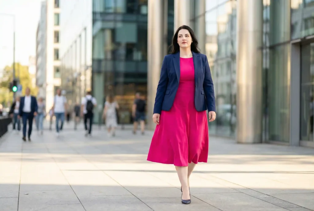 Kolor fuksja w modzie – komu pasuje, z czym go łączyć i jak tworzyć modny outfit? Sukienka w kolorze fuksji, stylizacja i dodatki pod lupą Pewna siebie kobieta o chłodnym typie urody prezentuje profesjonalny ubiór do biura, w którym wyrazista sukienka w kolorze fuksji idealnie komponuje się z klasyczną, granatową marynarką.