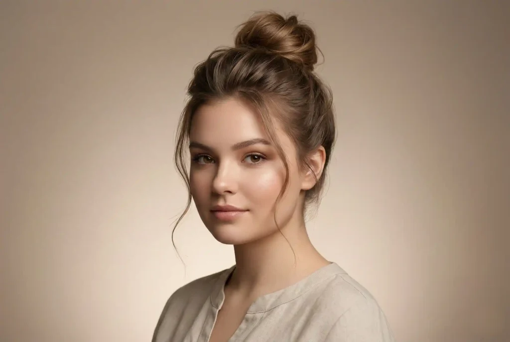 Twarz okrągła – cechy, dobór fryzury dla okrągłej twarzy i wolumetria twarzy okrągłej. Poznaj fryzury wyszczuplające! Zbliżenie na portret modelki z fryzurą wyszczuplającą w formie wysokiego koka z uniesionymi u nasady włosami i luźnymi pasmami okalającymi policzek i skroń, idealną dla okrągłego kształtu twarzy.