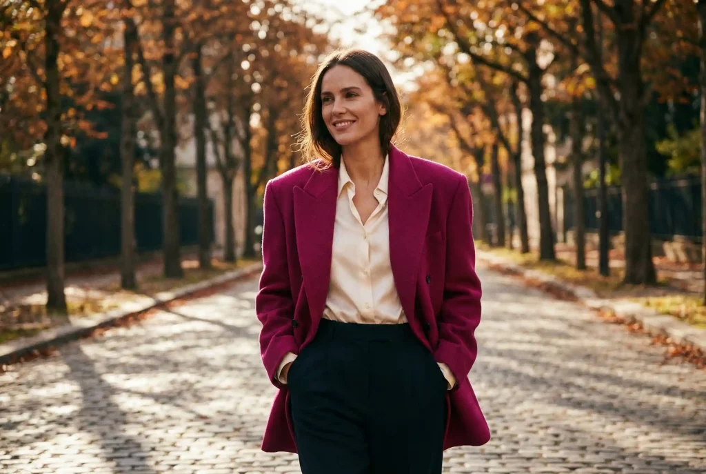 Kolor fuksja w modzie – komu pasuje, z czym go łączyć i jak tworzyć modny outfit? Sukienka w kolorze fuksji, stylizacja i dodatki pod lupą Modna stylizacja miejska na chłodniejszy dzień, w której główną rolę gra oversize’owa marynarka w kolorze głębokiej fuksji narzucona na jedwabną, śmietankową bluzkę.