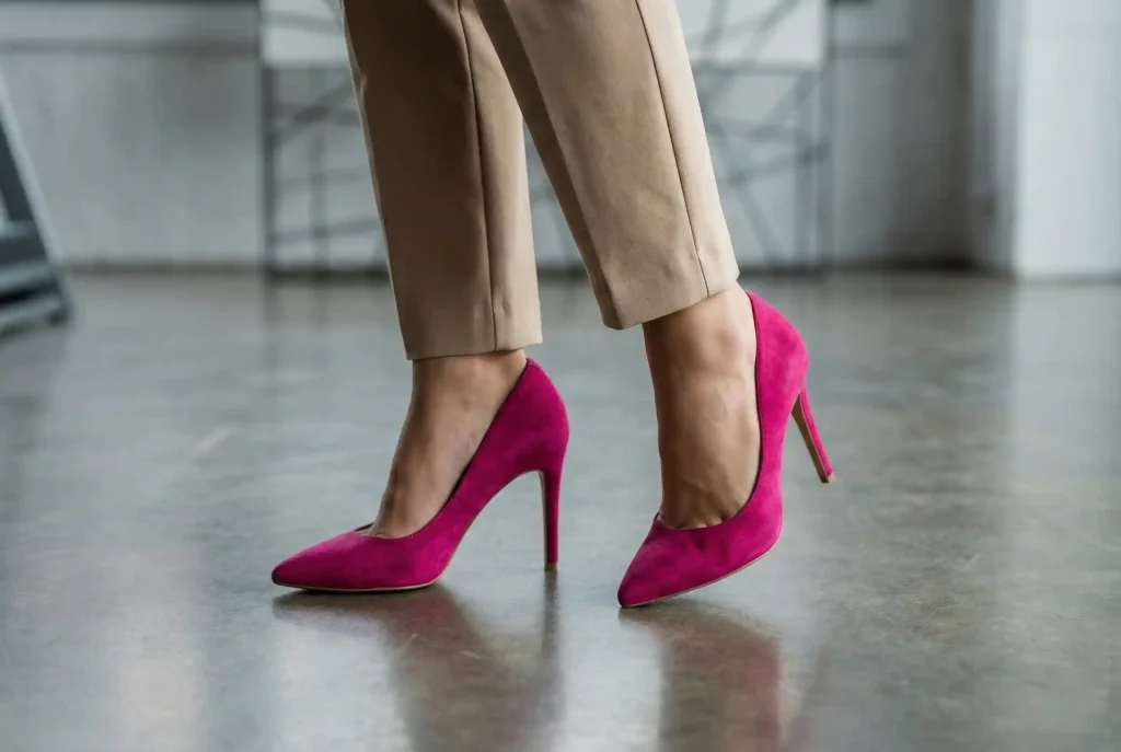 Kolor fuksja w modzie – komu pasuje, z czym go łączyć i jak tworzyć modny outfit? Sukienka w kolorze fuksji, stylizacja i dodatki pod lupą Zbliżenie na fuksjowe zamszowe szpilki noszone do beżowych spodni w biurze, jako przykład ożywienia stonowanej stylizacji modnym dodatkiem w kolorze fuksji.