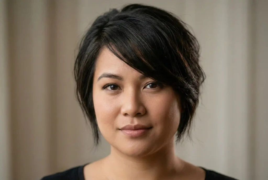 Twarz okrągła – cechy, dobór fryzury dla okrągłej twarzy i wolumetria twarzy okrągłej. Poznaj fryzury wyszczuplające! Ultra-realistyczny portret kobiety o okrągłej twarzy, ułożonej z głębokim bocznym przedziałkiem i asymetryczną grzywką na bok, co optycznie wyszczupla jej rysy.