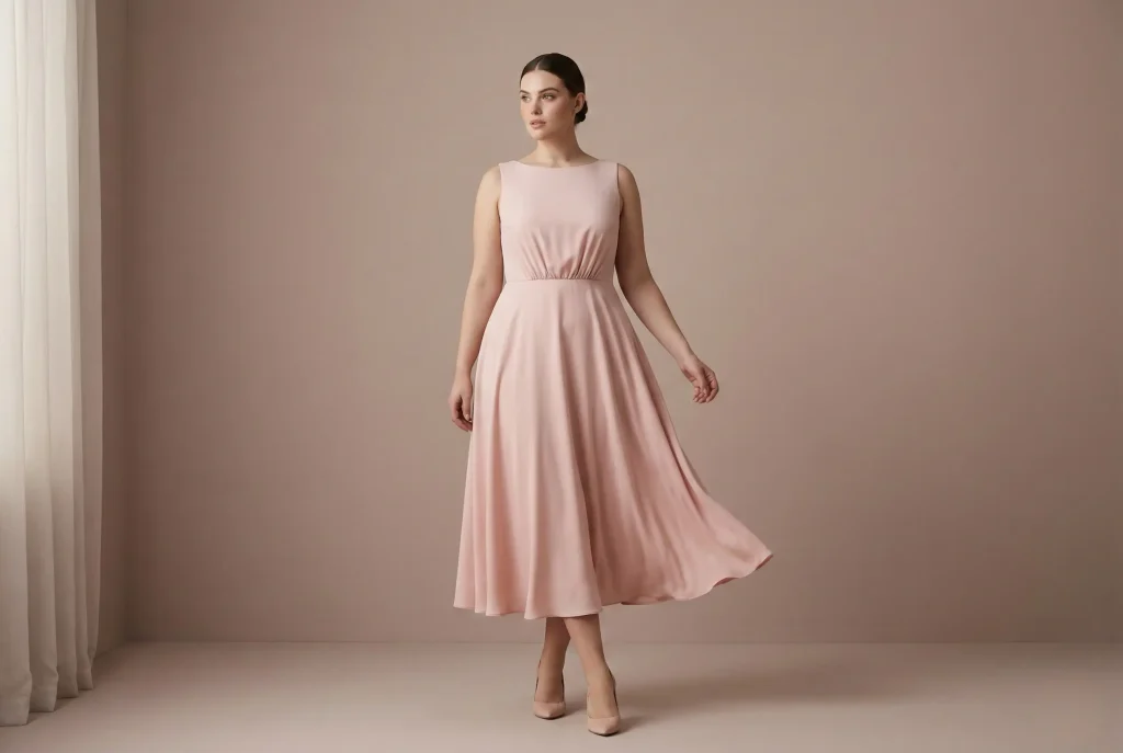 Jaka sukienka na wesele dla figury gruszki? Ekspercki poradnik osobistej stylistki Fotografia modowa ukazująca kobietę o figurze gruszki w trapezowej sukience midi na wesele, której rozszerzający się ku dołowi fason A idealnie maskuje masywniejsze uda i szerokie biodra