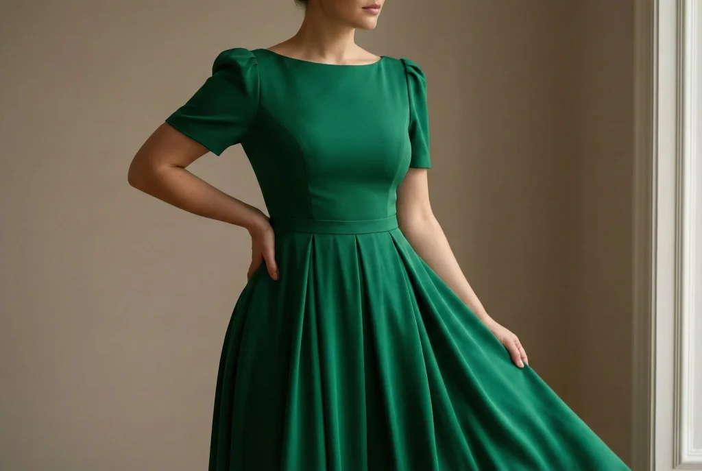 Jaka sukienka na wesele dla figury gruszki? Ekspercki poradnik osobistej stylistki Fotografia modowa ukazująca kobietę o figurze gruszki w idealnie dobranej sukience na wesele o kroju Fit-and-Flare, która optycznie poszerza linię ramion dekoltem w łódkę i mocno podkreśla wcięcie w talii, równoważąc proporcje sylwetki typu A