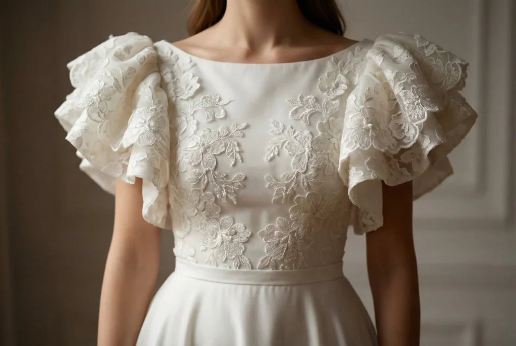 Jaka sukienka na wesele dla figury gruszki? Ekspercki poradnik osobistej stylistki Fotografia modowa ukazująca górną część sukienki na wesele dla figury gruszki, która dzięki szerokiemu dekoltowi w łódkę oraz bogato zdobionym, bufiastym rękawom z aplikacjami 3D optycznie poszerza ramiona i biust, równoważąc sylwetkę