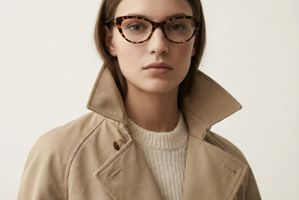 Jak dobrać okulary do kształtu twarzy? Idealny dobór oprawek po badaniu wzroku dla Twojej twarzy Fotografia modowa ukazująca modelkę o owalnym kształcie twarzy w idealnie dopasowanych na szerokość okularach korekcyjnych typu "kocie oczy", podkreślających harmonijne proporcje.