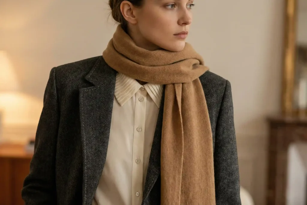 Owalny kształt twarzy – jaka fryzura będzie najlepsza? Jak dobrać fryzurę do kształtu twarzy, by nadać włosom blasku Ultra-realistyczne zdjęcie typu fashion editorial, przedstawiające modelkę o owalnym kształcie twarzy w bogatej w tekstury stylizacji składającej się z wełnianej marynarki i jedwabnej bluzki, ukazujące detale krawieckie.