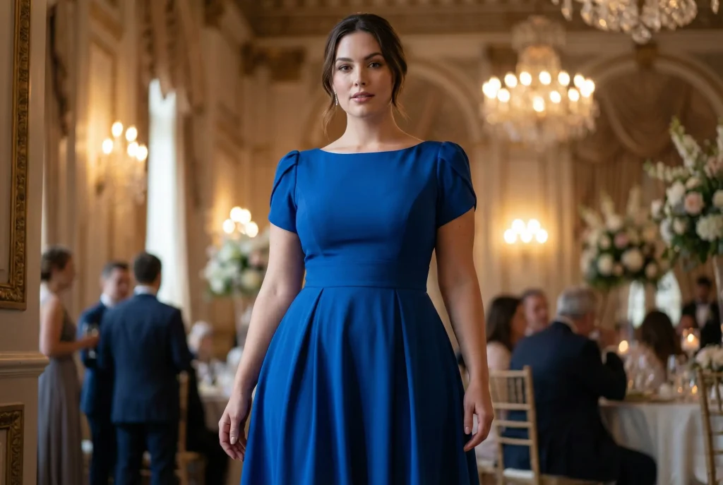 Jaka sukienka na wesele dla figury gruszki? Ekspercki poradnik osobistej stylistki Fotografia modowa ukazująca kobietę o sylwetce gruszki w eleganckiej sukience na wesele, której krój optycznie poszerza ramiona i wyraźnie zaznacza wcięcie w talii, skutecznie równoważąc proporcje ciała