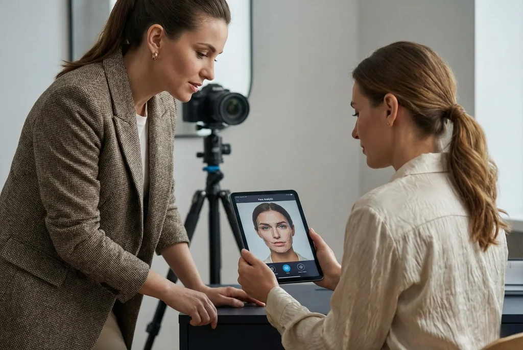 Jak sprawdzić, jaki masz kształt twarzy? Określenie kształtu twarzy a dobór okularów – przydatny test, by określić typ twarzy Fotografia modowa w salonie, gdzie stylistka i klientka wspólnie analizują kształt twarzy na tablecie z włączoną aplikacją AI, co stanowi nowoczesną metodę określania proporcji.
