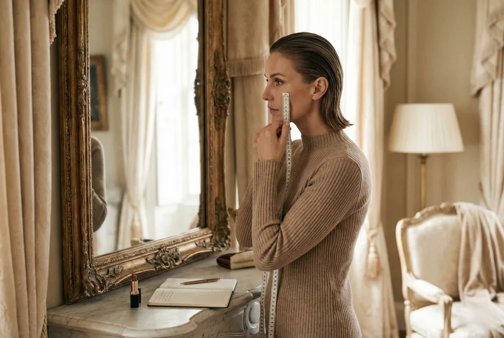 Jak sprawdzić, jaki masz kształt twarzy? Określenie kształtu twarzy a dobór okularów – przydatny test, by określić typ twarzy Fotografia modowa w stylu editorial, przedstawiająca kobietę w eleganckim swetrze wykonującą dokładny pomiar krawiecki twarzy przed lustrem, co jest pierwszym krokiem do określenia kształtu twarzy.