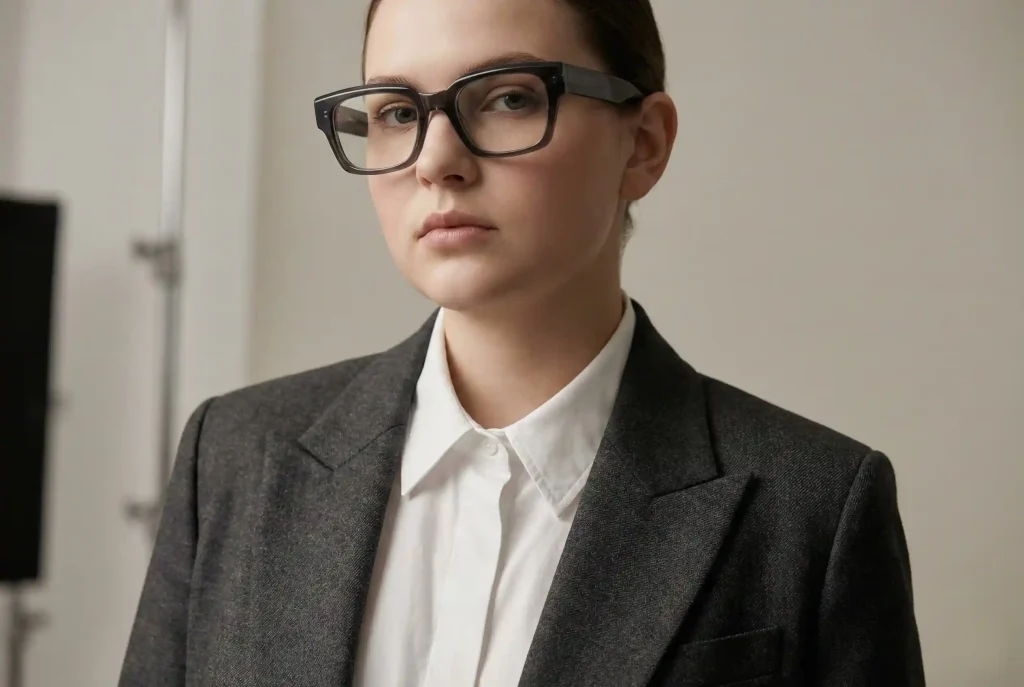 Jak dobrać okulary do kształtu twarzy? Idealny dobór oprawek po badaniu wzroku dla Twojej twarzy Portret modelki o pełnych policzkach w eleganckiej marynarce, prezentującej szerokie, prostokątne oprawki okularów, które stanowią optyczny trik na wysmuklenie twarzy okrągłej.