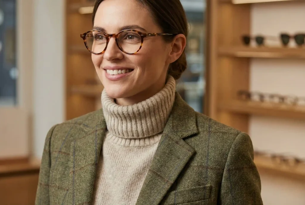 Jak dobrać okulary do kształtu twarzy? Idealny dobór oprawek po badaniu wzroku dla Twojej twarzy Uśmiechnięta kobieta w idealnie dopasowanych okularach korekcyjnych, które stabilnie leżą na nosie i nie stykają się z policzkami, ilustrując kluczowy aspekt komfortu noszenia i doboru w technologii 3D.