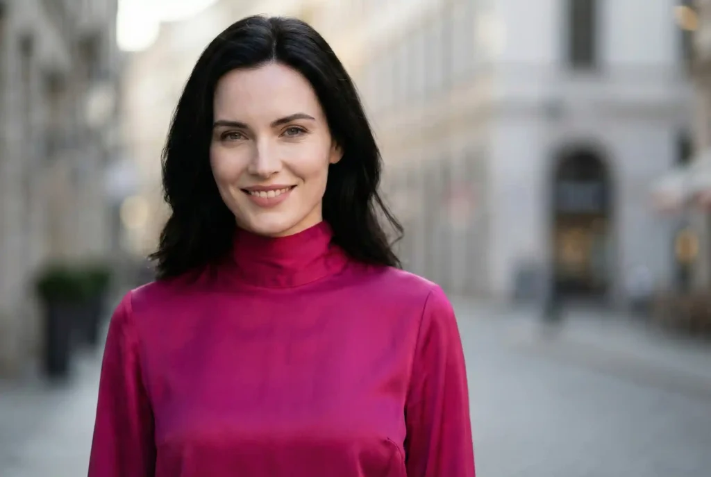 Kolor fuksja w modzie – komu pasuje, z czym go łączyć i jak tworzyć modny outfit? Sukienka w kolorze fuksji, stylizacja i dodatki pod lupą Portret kobiety o chłodnym typie urody Zima (ciemne włosy, jasna cera) w intensywnej, fuksjowej bluzce noszonej blisko twarzy, co ilustruje, komu pasuje kolor fuksja.