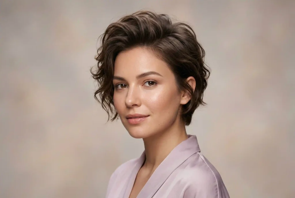 Twarz okrągła – cechy, dobór fryzury dla okrągłej twarzy i wolumetria twarzy okrągłej. Poznaj fryzury wyszczuplające! Portret modowy modelki o okrągłym owalu twarzy w wycieniowanej fryzurze typu pixie z uniesioną górą, co doskonale obrazuje, w jaki sposób odpowiednie krótkie fryzury wyszczuplające modelują proporcje.