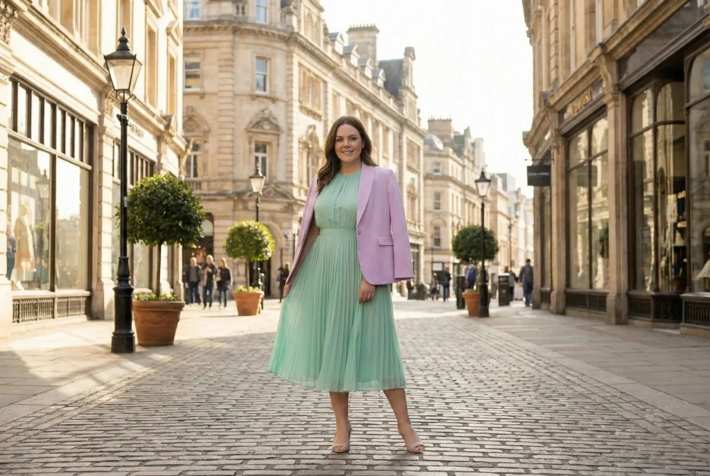 Jaki kolor pasuje do miętowego? Kompletny przewodnik i stylizacje Fotografia modowa przedstawiająca kobietę o figurze gruszki w eleganckiej, pastelowej stylizacji weselnej, łączącej zwiewną miętową sukienkę z narzuconą na ramiona liliową marynarką