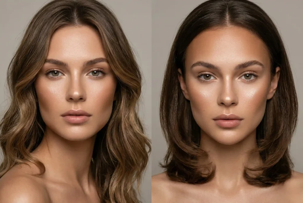 Twarz trójkątna – jaka fryzura pasuje do trójkątnej twarzy? Jak łagodzić ostre rysy i podkreślać atut Zestawienie dwóch ultra-realistycznych portretów kobiet prezentujących modelowanie twarzy trójkątnej (typu A-shape i odwróconego trójkąta) za pomocą bronzera na żuchwie i czole oraz rozświetlacza na kościach policzkowych, w połączeniu z odpowiednimi fryzurami dla uzyskania optycznego balansu.