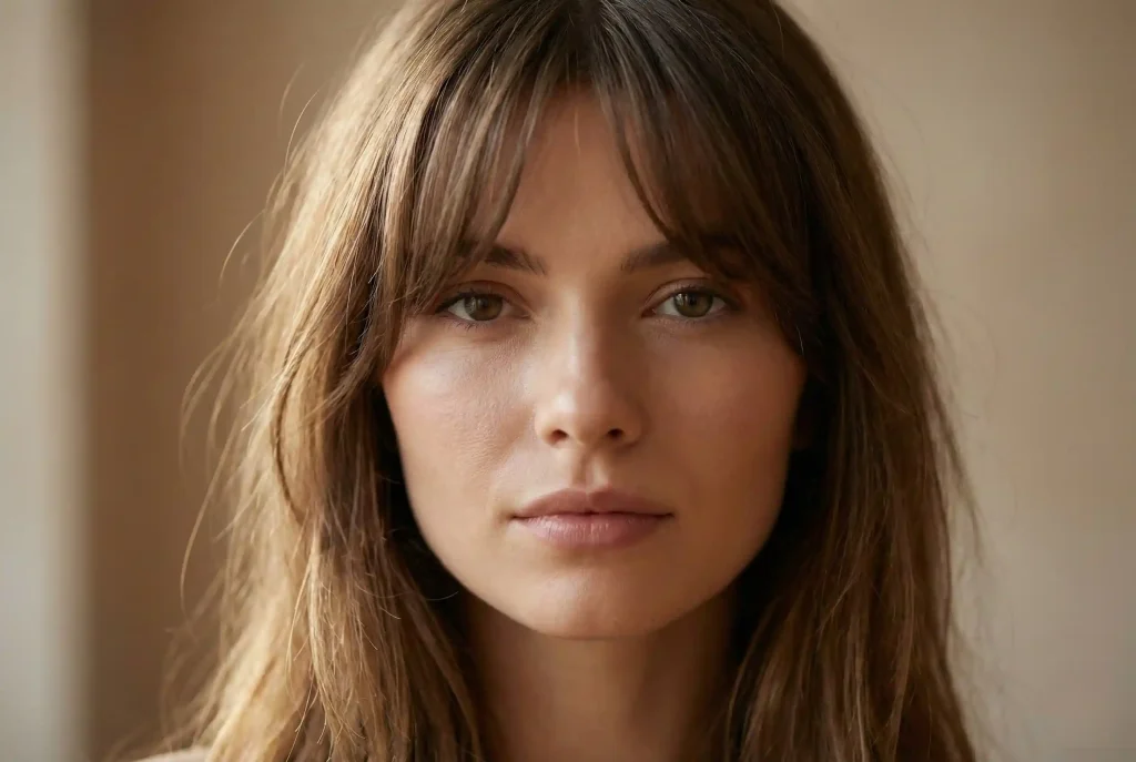 Owalny kształt twarzy – jaka fryzura będzie najlepsza? Jak dobrać fryzurę do kształtu twarzy, by nadać włosom blasku Realistyczny portret modowy przedstawiający kobietę o owalnym kształcie twarzy w uczesaniu z lekką grzywką kurtynową (curtain bangs), która modeluje wysokie czoło.