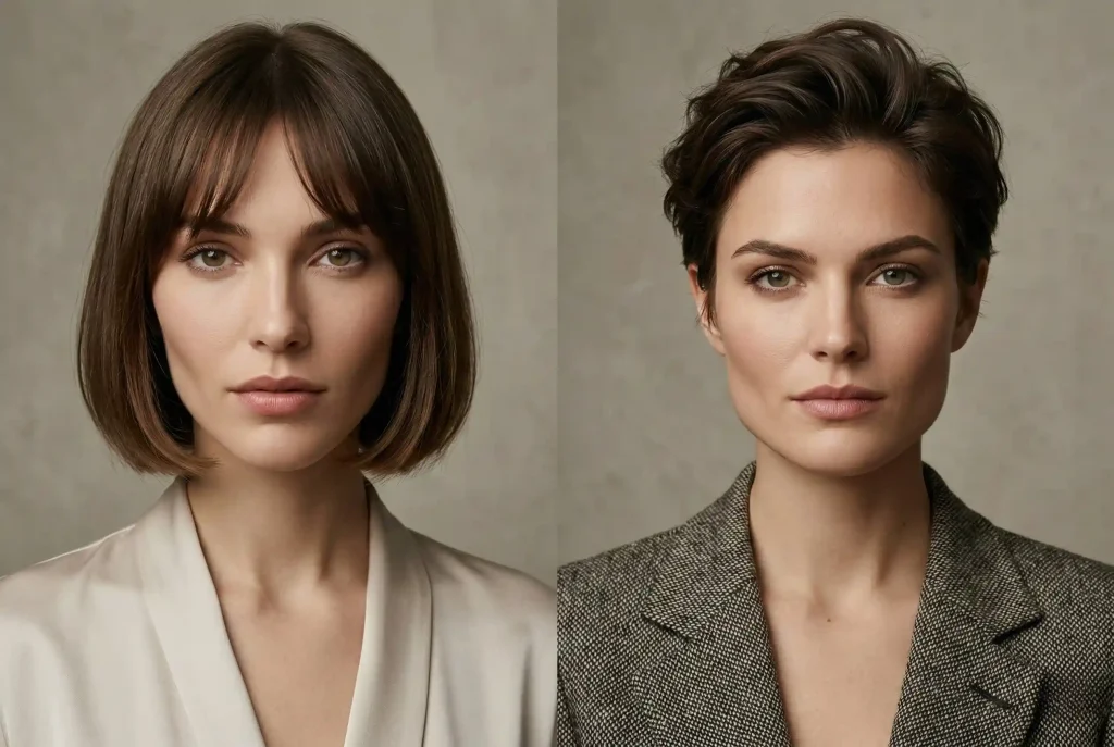 Twarz trójkątna – jaka fryzura pasuje do trójkątnej twarzy? Jak łagodzić ostre rysy i podkreślać atut Wybór dwóch ultra-realistycznych fotografii modowych pokazujących, jak odpowiednia fryzura do trójkątnej twarzy – klasyczny bob i teksturowany pixie cut – równoważy proporcje twarzy na przykładzie dwóch modelek.