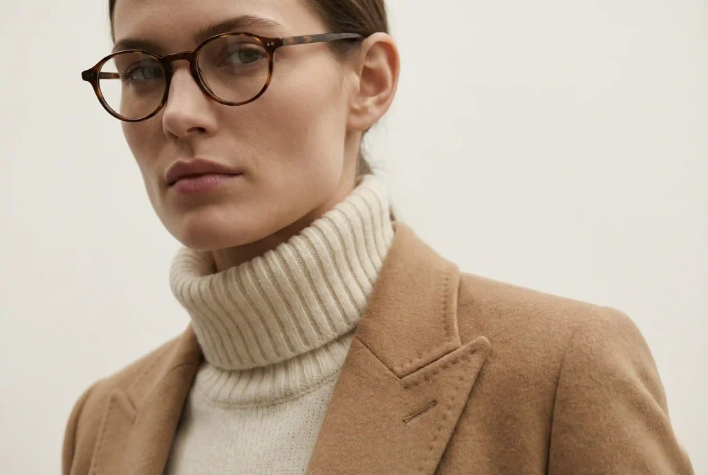 Jak dobrać okulary do kształtu twarzy? Idealny dobór oprawek po badaniu wzroku dla Twojej twarzy Portret modelki o mocno zarysowanej żuchwie charakterystycznej dla twarzy kwadratowej, noszącej okrągłe oprawki o miękkich liniach, które optycznie łagodzą ostre rysy.