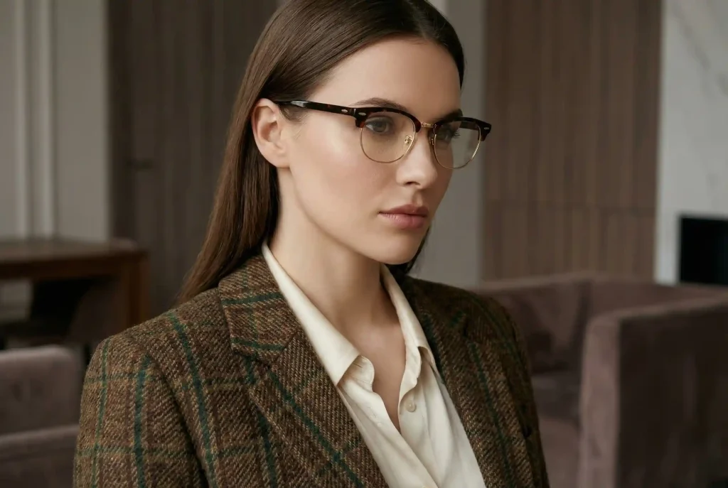 Jak dobrać okulary do kształtu twarzy? Idealny dobór oprawek po badaniu wzroku dla Twojej twarzy Edytorialowy portret modelki o trójkątnym kształcie twarzy w stylowych okularach korekcyjnych typu browline z ciemniejszą górną oprawką, które optycznie dociążają linię brwi i równoważą proporcje.