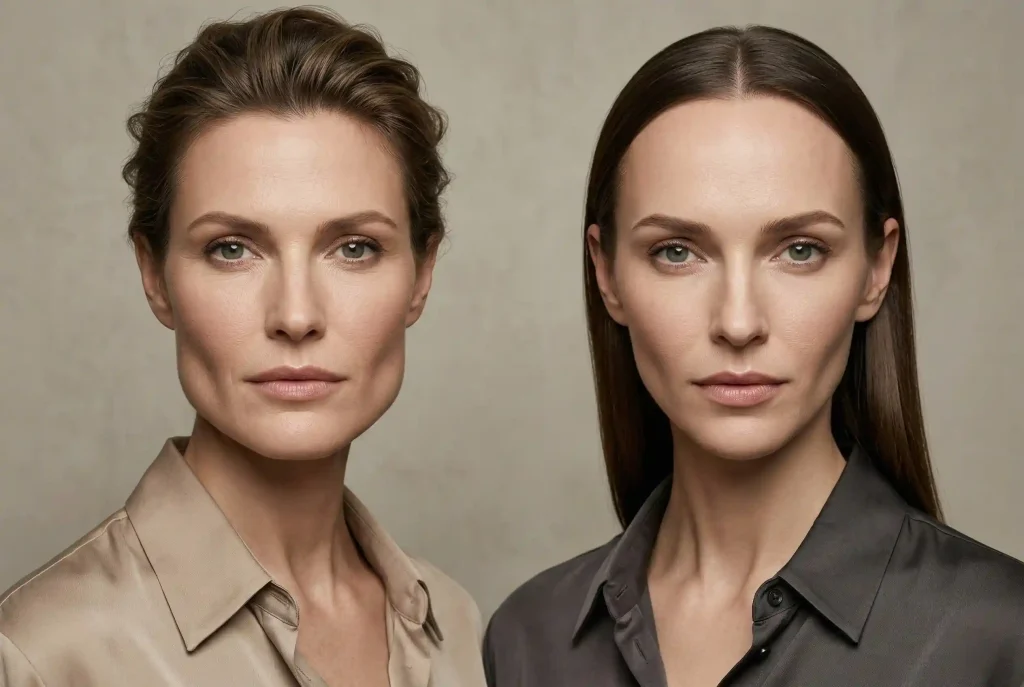 Twarz trójkątna – jaka fryzura pasuje do trójkątnej twarzy? Jak łagodzić ostre rysy i podkreślać atut Fotografia studyjna porównująca dwa warianty twarzy trójkątnej: modelkę o klasycznym kształcie A z szeroką żuchwą po lewej oraz modelkę o odwróconym kształcie V z szerokim czołem po prawej.