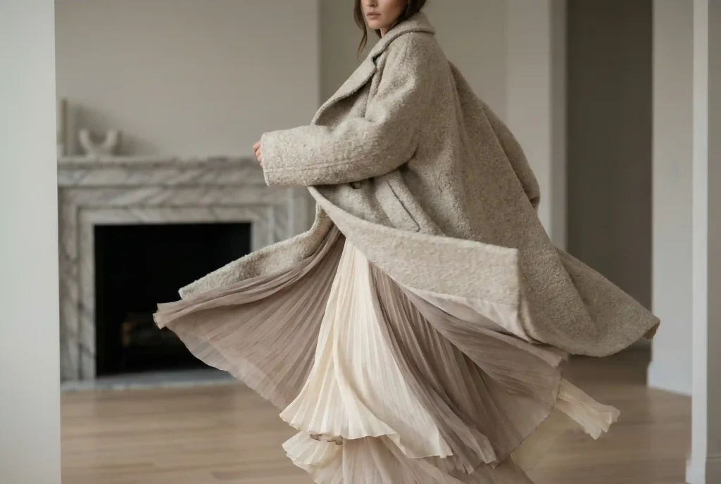 Owalny kształt twarzy – jaka fryzura będzie najlepsza? Jak dobrać fryzurę do kształtu twarzy, by nadać włosom blasku Ultra-realistyczne zdjęcie fashion editorial przedstawiające modelkę w wielowarstwowej, teksturowanej stylizacji z wełny i jedwabiu, stanowiącej wizualną metaforę dodawania objętości włosom cienkim.