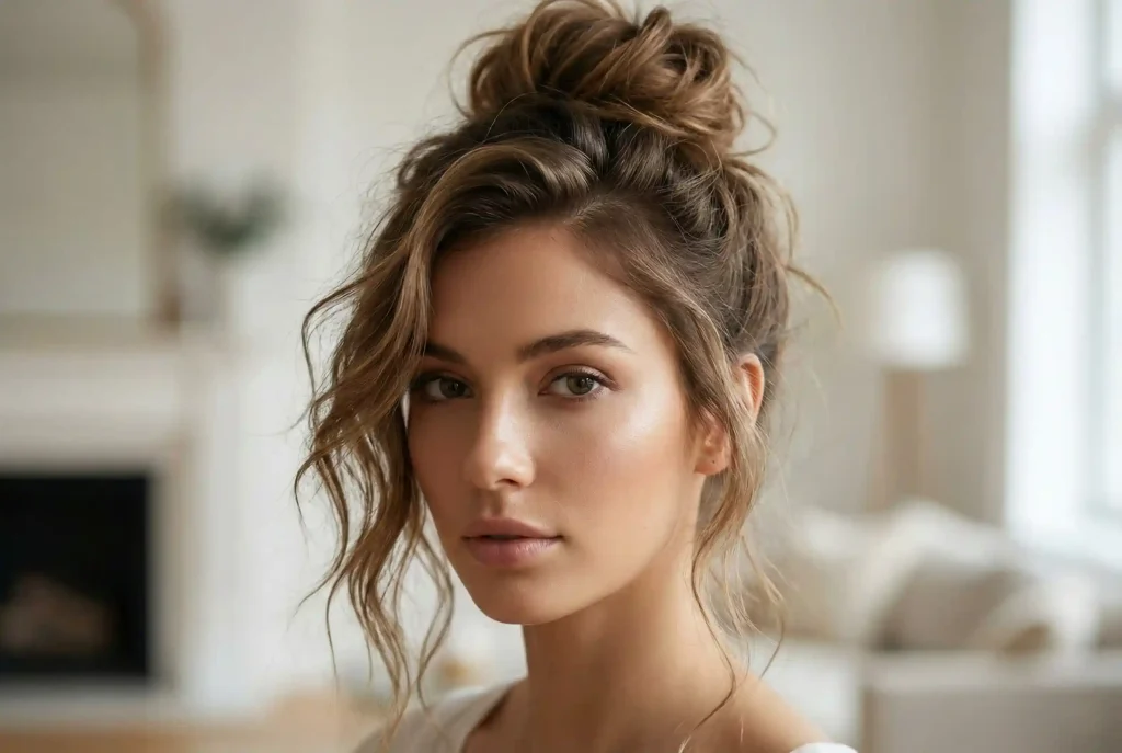 Owalny kształt twarzy – jaka fryzura będzie najlepsza? Jak dobrać fryzurę do kształtu twarzy, by nadać włosom blasku Modowy portret kobiety o owalnym kształcie twarzy w teksturowanym, wysokim upięciu typu messy chic z asymetrycznym przedziałkiem, które optycznie dodaje objętości fryzurze.