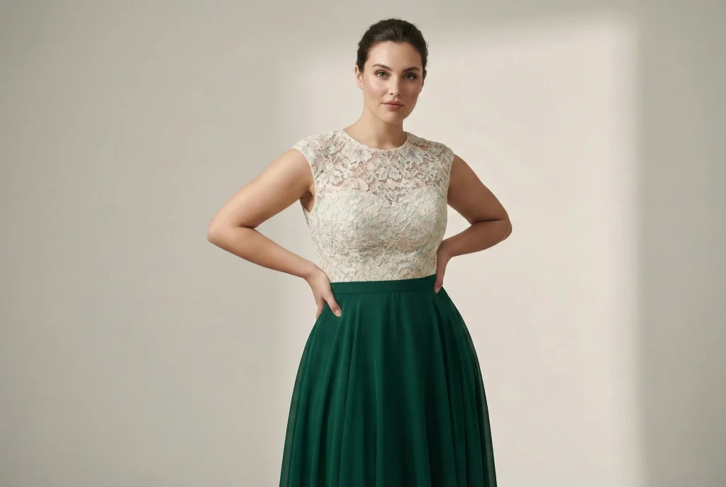 Jaka sukienka na wesele dla figury gruszki? Ekspercki poradnik osobistej stylistki Fotografia modowa ukazująca kobietę o figurze gruszki w dwukolorowej sukience na wesele, gdzie jasna, koronkowa góra buduje strukturę ramion, a ciemny, lejący dół z szyfonu optycznie wyszczupla biodra, stosując zasadę color blockingu