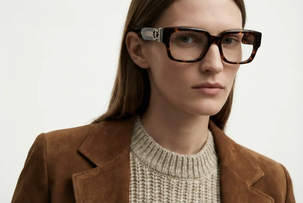 Jak dobrać okulary do kształtu twarzy? Idealny dobór oprawek po badaniu wzroku dla Twojej twarzy Portret modelki o pociągłej twarzy w okularach z wysoką soczewką i ozdobnymi zausznikami, które optycznie skracają proporcje twarzy prostokątnej.