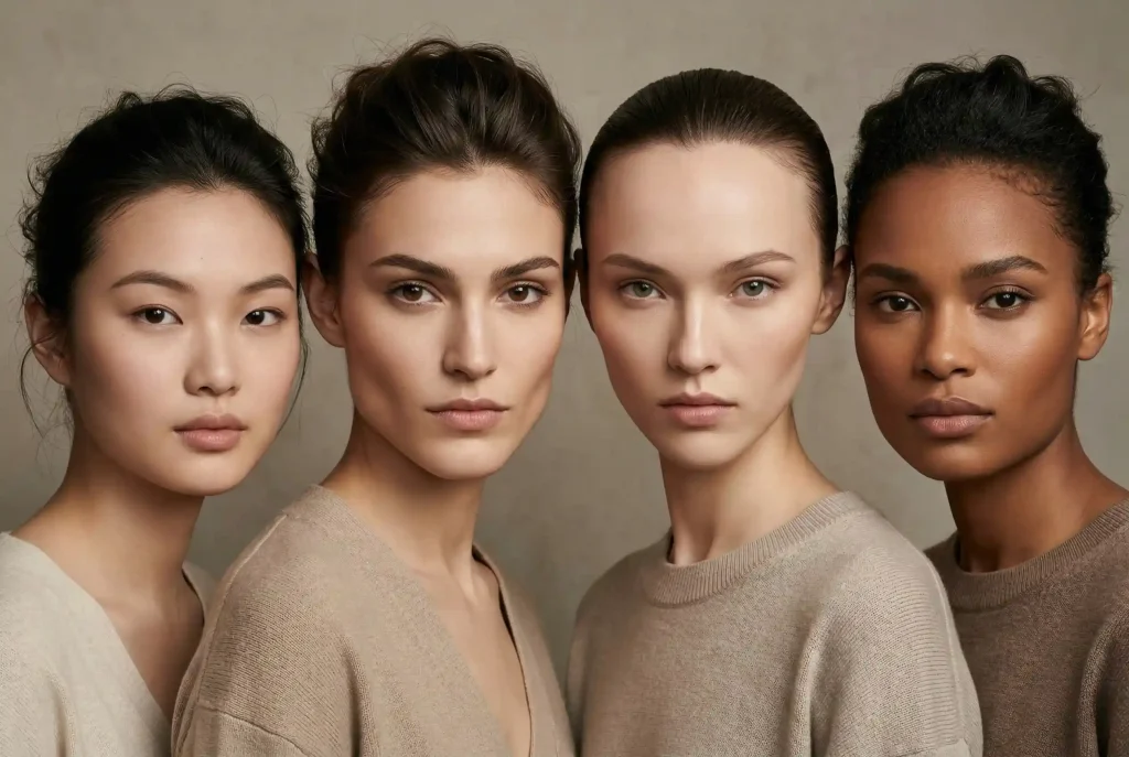 Twarz trójkątna – jaka fryzura pasuje do trójkątnej twarzy? Jak łagodzić ostre rysy i podkreślać atut Merytoryczne porównanie różnic w kształtach twarzy u czterech modelek, prezentujące specyficzne cechy trójkątnej twarzy na tle owalnej, kwadratowej i odwróconego trójkąta.