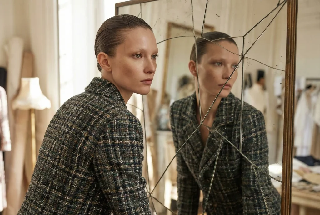 Jak sprawdzić, jaki masz kształt twarzy? Określenie kształtu twarzy a dobór okularów – przydatny test, by określić typ twarzy Artystyczna fotografia modowa w stylu edytorial, na której modelka o złożonych rysach przegląda się w wieloczęściowym, fragmentarycznym lustrze, co metaforycznie obrazuje trudności z jednoznaczną diagnozą kształtu twarzy i występowanie form mieszanych.