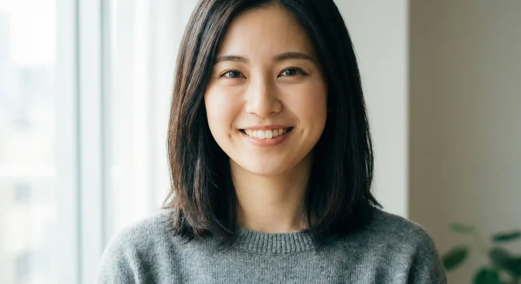 Owalny kształt twarzy – jaka fryzura będzie najlepsza? Jak dobrać fryzurę do kształtu twarzy, by nadać włosom blasku Ultra-realistyczne zdjęcie fashion editorial ukazujące modelkę w wielowarstwowym stroju z wełnianym płaszczem i jedwabną, marszczoną bluzką, która wizualnie dodaje objętości w okolicach obojczyków, nawiązując do technik fryzjerskiego cieniowania.