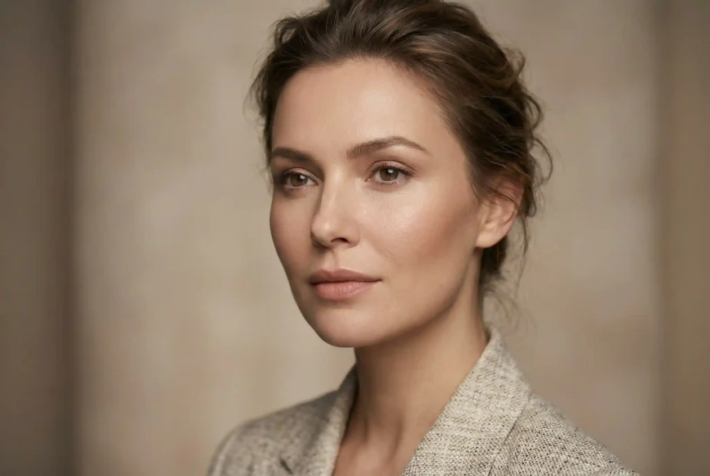 Twarz okrągła – cechy, dobór fryzury dla okrągłej twarzy i wolumetria twarzy okrągłej. Poznaj fryzury wyszczuplające! Ultra-realistyczny portret kobiety z wymodelowanym owalem twarzy, ilustrujący efekty profesjonalnej wolumetrii twarzy okrągłej za pomocą kwasu hialuronowego.