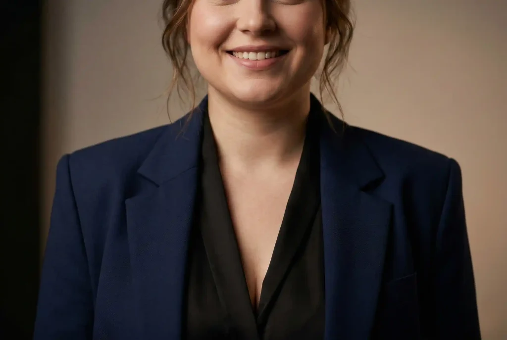 Twarz okrągła – cechy, dobór fryzury dla okrągłej twarzy i wolumetria twarzy okrągłej. Poznaj fryzury wyszczuplające! "Portret kobiety z okrągłą twarzą, która dzięki optycznemu wyszczupleniu przez głęboki dekolt w V oraz marynarkę z poduszkami na ramionach wydaje się smuklejsza i zyskuje wydłużone proporcje."