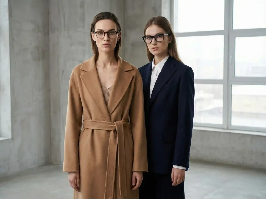 Jak dobrać okulary do kształtu twarzy? Idealny dobór oprawek po badaniu wzroku dla Twojej twarzy Edytorialowa fotografia modowa przedstawiająca dwie modelki w kontrastowych stylizacjach krawieckich, ilustrująca jak stosować złotą zasadę kontrastu przy doborze okularów do kształtu twarzy.