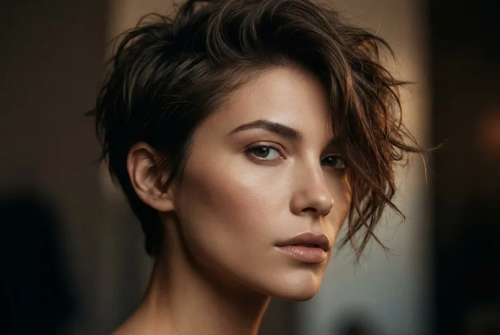 Twarz diamentowa (diamentowy kształt twarzy) – jaka fryzura pasuje, jak dopasować fryzurę do kształtu twarzy i jak ciąć włosy? Bliskie ujęcie kobiety z nowoczesną, asymetryczną krótką fryzurą typu pixie cut w ciemnym brązie, oświetloną dramatycznym, ciepłym filmowym światłem krawędziowym. Modelka o wyrazistych rysach twarzy patrzy pewnie w obiektyw.