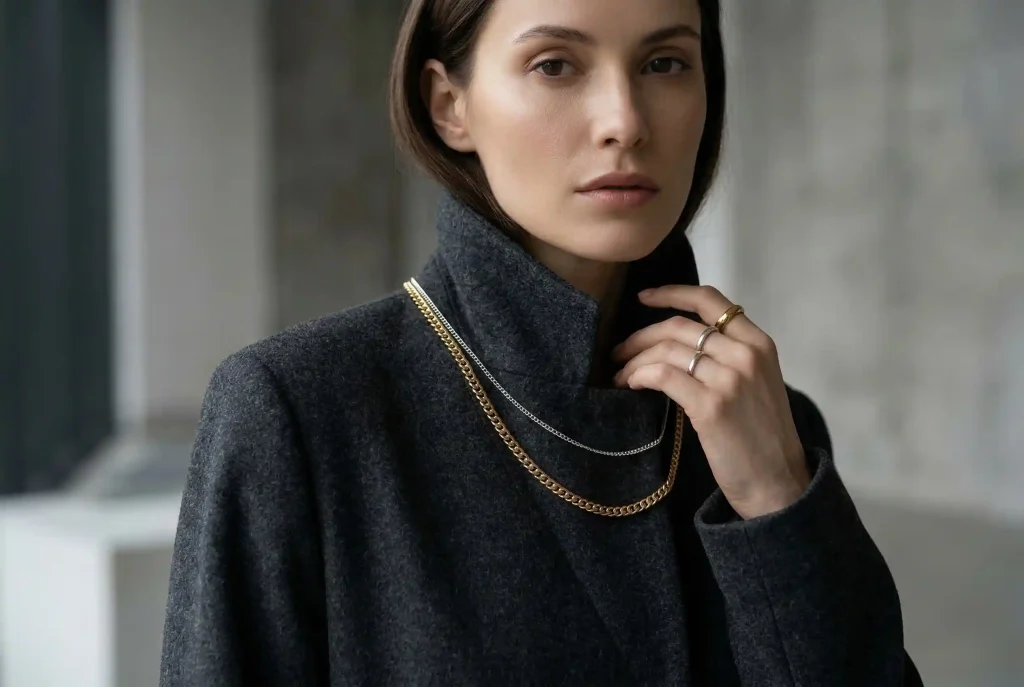 Jaki kolor pasuje do antracytu? Sprawdzone palety i porady stylistki Zbliżenie na modelkę w minimalistycznym, antracytowym ubraniu, które stanowi idealne tło dla kontrastującej, warstwowej złotej i srebrnej biżuterii, pokazując jak te szlachetne metale ożywiają ten odcień.