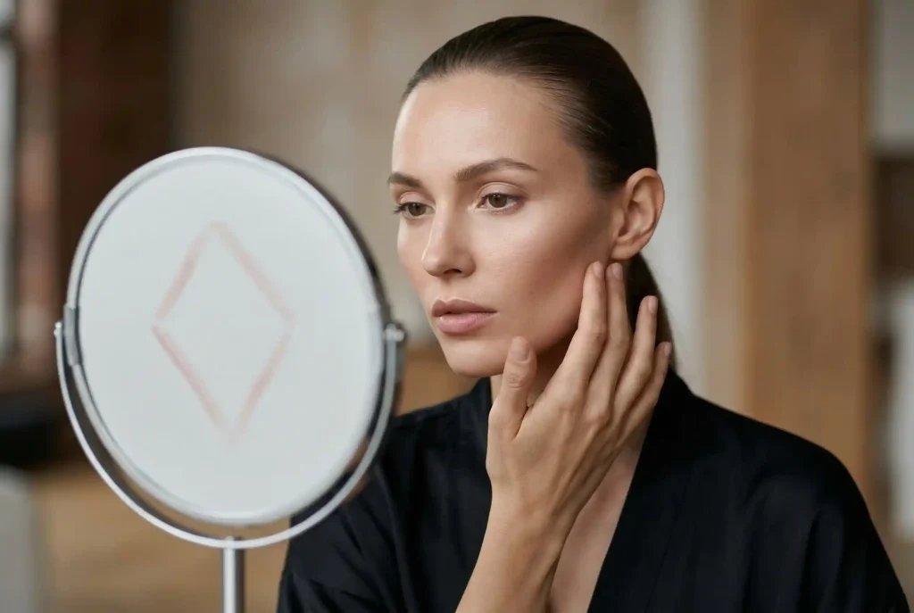 Poradnik: Jak dopasować okulary i dobrać okulary do twarzy diamentowej? Dobór okularów do kształtu twarzy i oprawek w różnych kształtach (poznaj rodzaje twarzy) Kobieta z zaczesanymi do tyłu włosami uważnie badając proporcje swojej twarzy w lustrze, przeprowadza analizę niezbędną do prawidłowego określenia kształtu twarzy i doboru okularów.