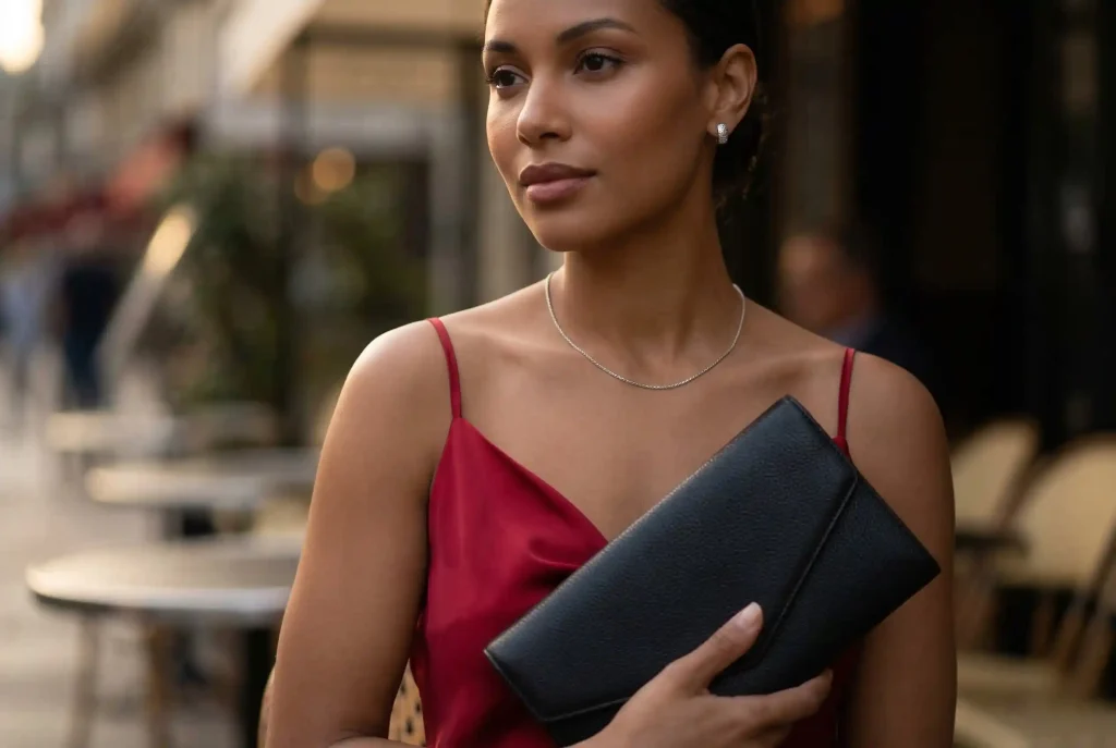 Czerwona sukienka – jakie dodatki do czerwonej sukienki wybrać i co pasuje najlepiej? Elegancka kobieta w czerwonej sukience prezentuje subtelną srebrną biżuterię w postaci wkręcanych kolczyków i naszyjnika, trzymając w ręku klasyczną czarną kopertówkę, idealną do uzupełnienia tej stylizacji.