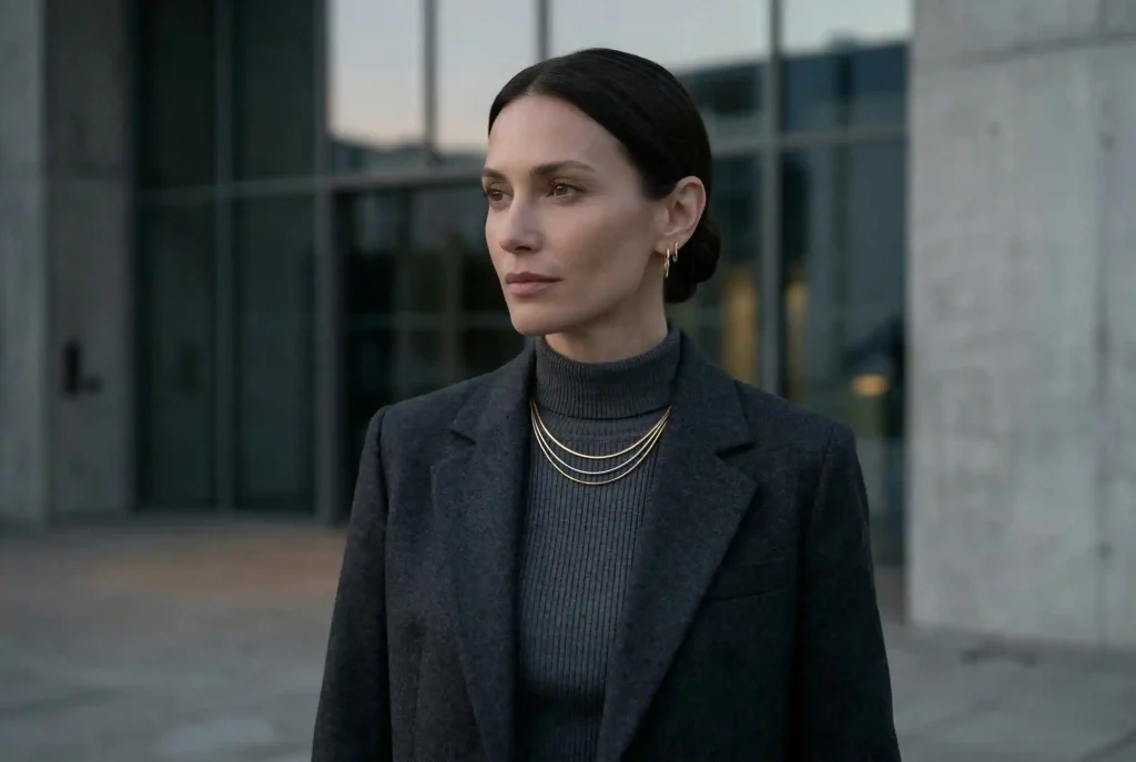 Jaki kolor pasuje do grafitu? Kompletny przewodnik po stylizacjach Niezwykle szczegółowe zdjęcie modowe przedstawia wyrafinowaną kobietę w grafitowej, wełnianej marynarce i prążkowanym golfie, która unika typowych błędów w stylizacji grafitu dzięki jasnemu szalowi blisko twarzy oraz delikatnej, mieszanej biżuterii.