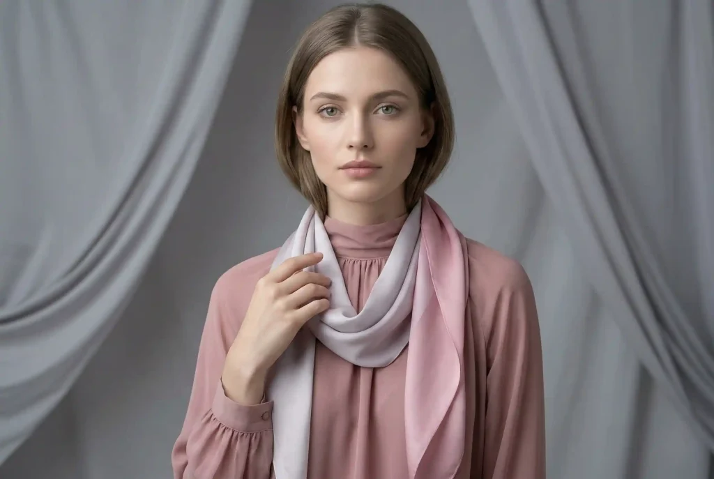 Jaki kolor pasuje do brudnego różu? Wybierz dodatki do sukienki w kolorze pudrowego różu, łącz odcienie i twórz stylizacje (brudny róż w roli głównej) Eteryczny portret modelki o urodzie typu Lato, prezentującej stylizację z wykorzystaniem idealnego dla niej odcienia brudnego różu oraz chłodnego makijażu