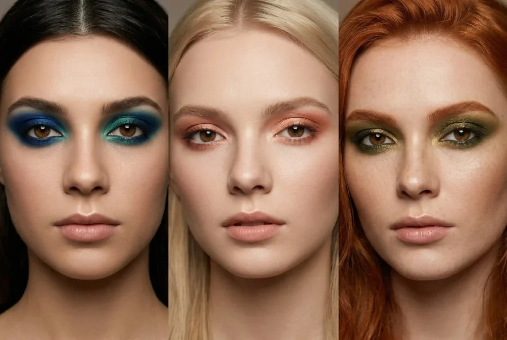 Jakie kolory cieni do powiek pasują do brązowych oczu? Makijaż dla brązowych oczu – jak podkreślić kolor tęczówki i wybrać najlepszy make-up Portret trzech modelek z brązowymi oczami, prezentujący jak dobrać idealne cienie do brązowych oczu w zależności od koloru włosów (brunetka, blondynka, ruda), z użyciem odcieni kobaltu, brzoskwini i oliwki.